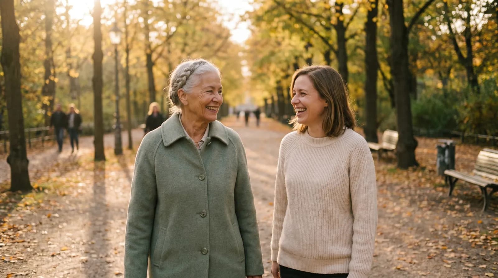 Begleiterin und Seniorin lachen gemeinsam im herbstlichen Berliner Park
